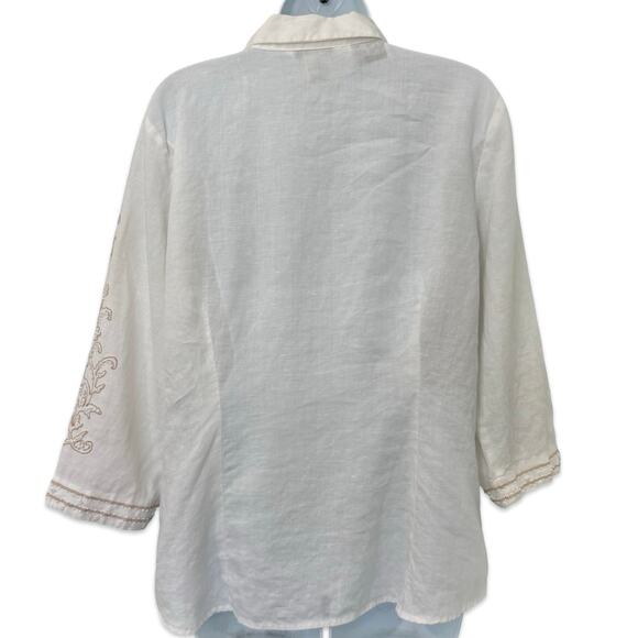 Vintage White Irish Linen Beaded Long Sleeve Button Up Blouse XL Richard Malcolm - Picture 3 of 9